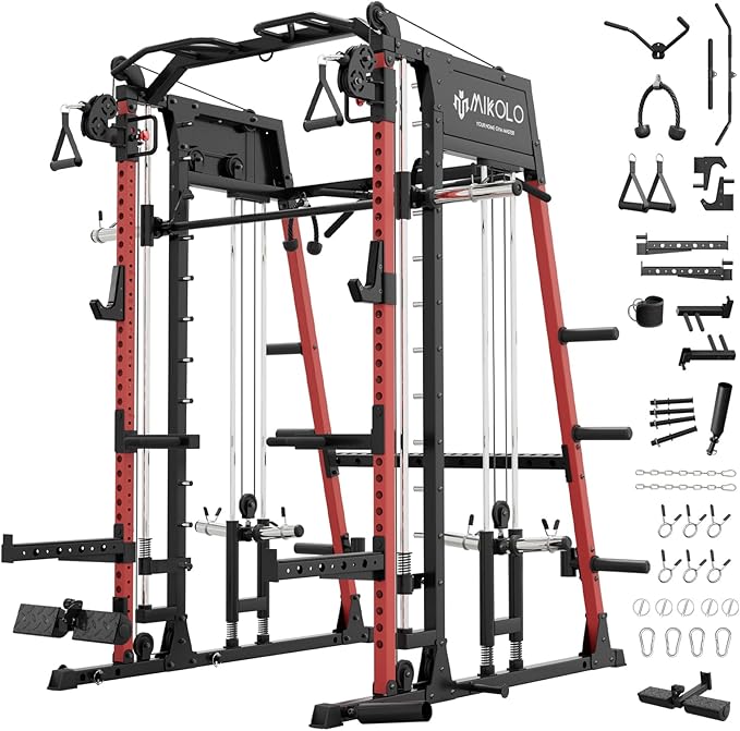 Mikolo M4 2.0 Smith Machine, 2200lbs Squat Rack with LAT-Pull Down System & Cable Crossover Machine, Training Equipment with Leg Hold-Down Attachment