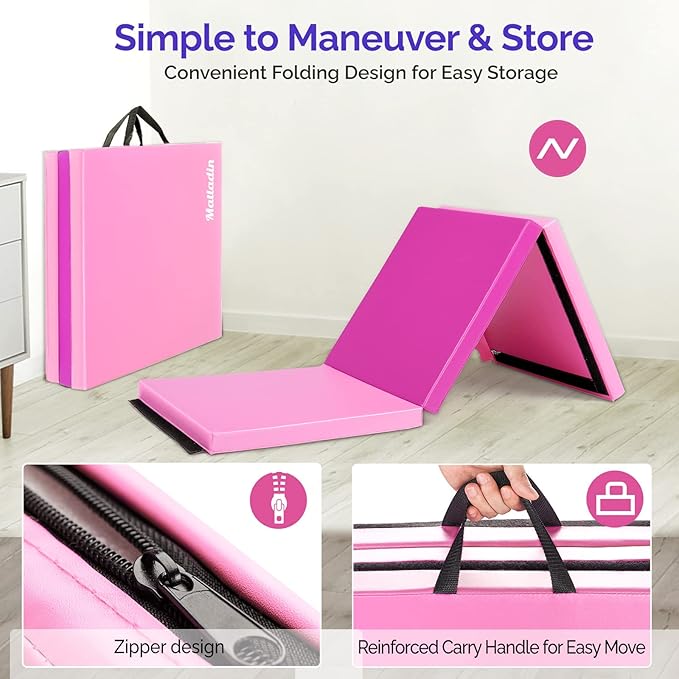 Matladin 6' Folding Tri-fold Gymnastics Gym Exercise Aerobics Mat, 6ft x 2ft x 2in PU Leather Tumbling Mats with Hook & Loop Fastener for Stretching Yoga Cheerleading Martial Arts