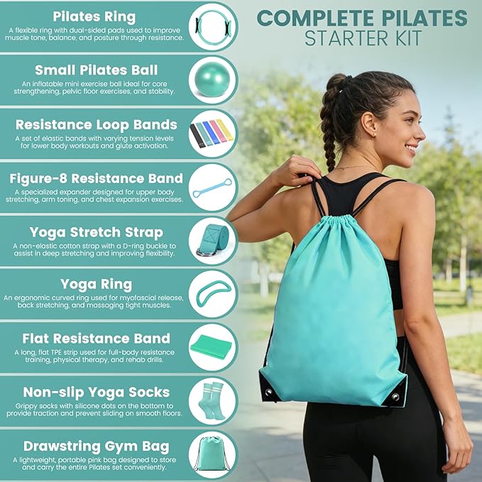 Pilates Kit for Women 13PCS, Pilates Ring and Ball Set with Magic Circle, Resistance Bands Set, Figure 8 Band, Yoga Ring & Grip Socks, Home Workout Equipment Essentials Starter Kit for Beginners