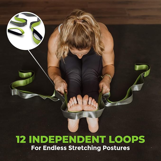 Gradient Fitness Stretching Strap for Physical Therapy, 12 Multi-Loop Stretch Strap 1.5" W x 8' L, Neoprene Handles, Physical Therapy Equipment, Yoga Straps for Stretching, Leg Stretcher.