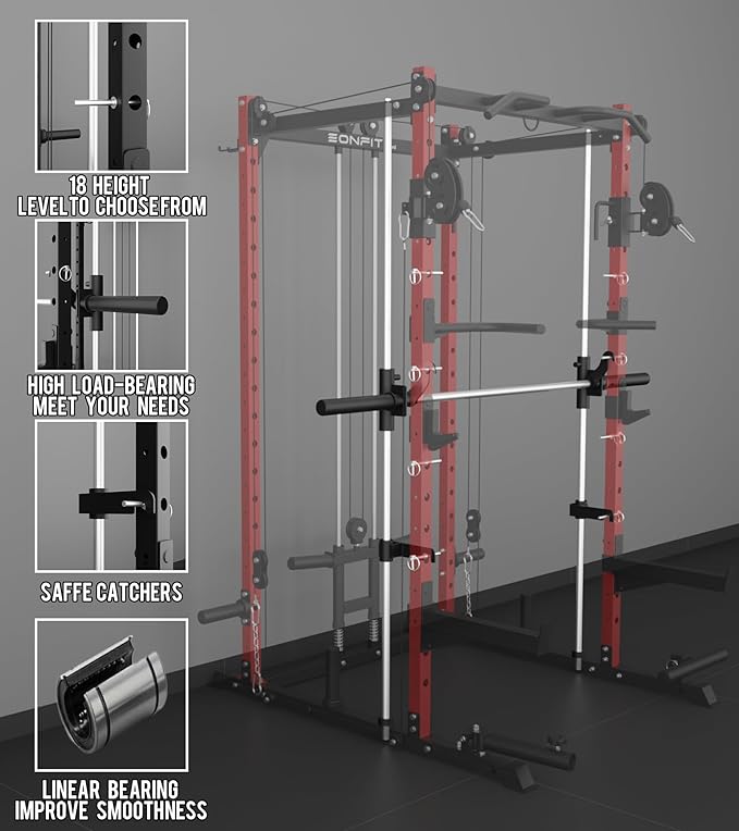 Eonfit E3 Smith Machine for Home Gym Equipment, Multi-Function Power Cage Squat Rack with Cable Crossover LAT Pulldown Pulley System All in One
