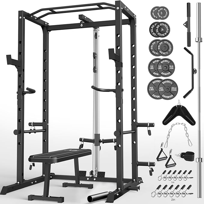 ULTRA FUEGO Power Cage, Multi-Functional Power Rack with J-Hooks, Dip Handles, Landmine Attachment and Optional Cable Pulley System for Home Gym