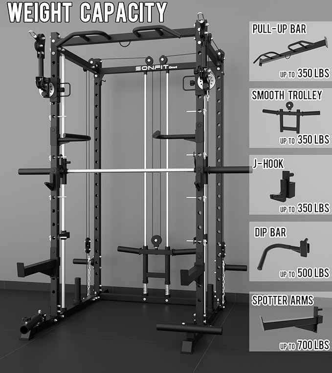 Eonfit E3 Smith Machine for Home Gym Equipment, Multi-Function Power Cage Squat Rack with Cable Crossover LAT Pulldown Pulley System All in One