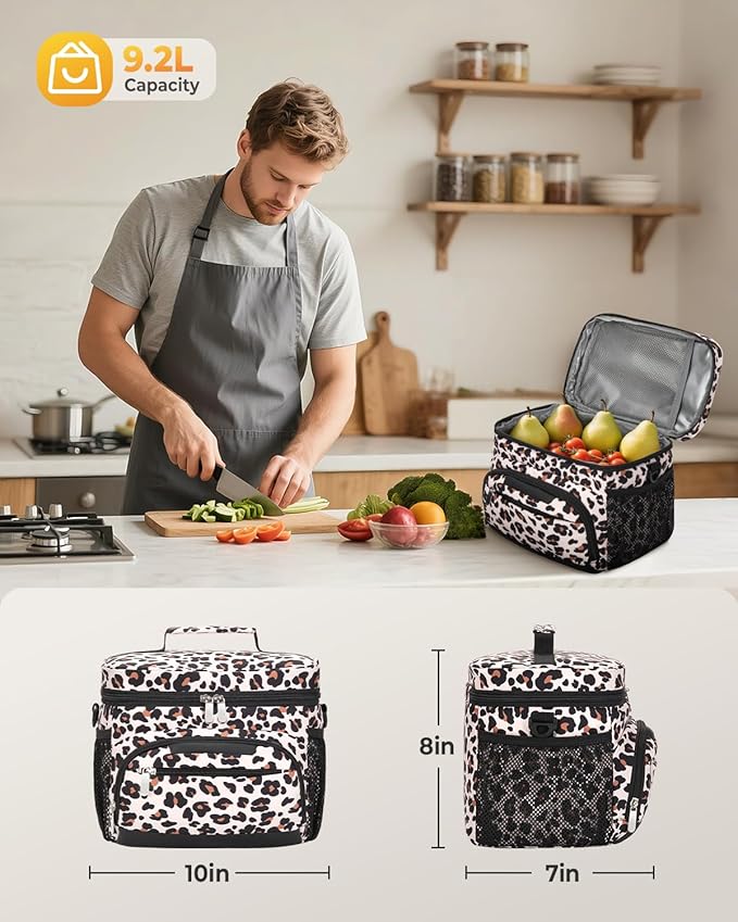 Lunch Boxs for Women/men Insulated Lunch bag,Leakproof Lunchbox with Adjustable Shoulder Strap for Adults,Soft Cooler Tote Bag for Office Fitness Picnic Beach Travel - Leopard 12-Can(8L)