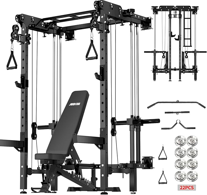 JEEKEE Folding Wall Mounted Power Rack with 180LB Weight Stack, 2400LB 2×3 Heavy Duty Squat Rack, Dual Cable Crossover System 1:1 Ratio, Functional Trainer for Home Gym Small Space,Black
