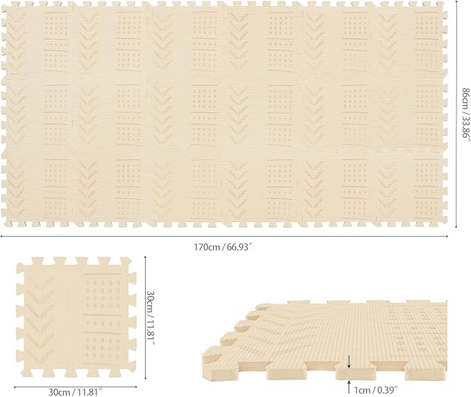 qqpp EVA 18 Tiles Baby Play Mat for Playing, Interlocking Foam Floor Mats for Tummy Time & Crawling, Puzzle Flooring Tiles with Laser Pattern for Kids. Beige. QL-91(J) b18N
