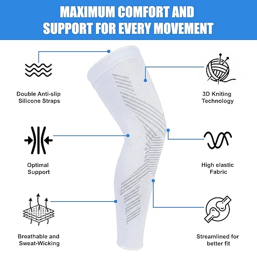 NuCamper Full Leg Compression Sleeves for Men and Women,2 Pack Legs Sleeves Long Knee Brace Support for Running, Basketball, Cycling, Workout, Sports - White,S