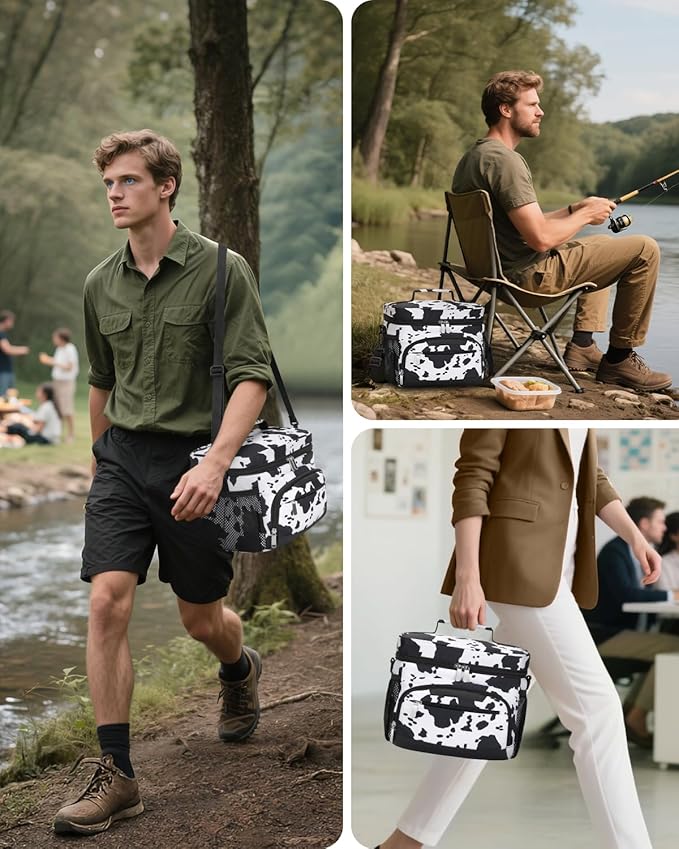 Lunch Boxs for Women/men Insulated Lunch bag,Leakproof Lunchbox with Adjustable Shoulder Strap for Adults,Soft Cooler Tote Bag for Office Fitness Picnic Beach Travel - Cow Print 12-Can(8L)