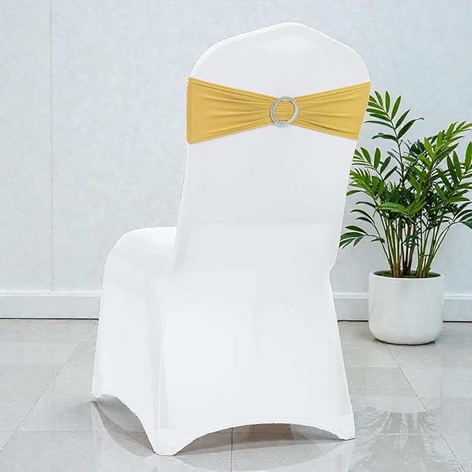 MDS Pack of 10 Spandex Chair Sashes Bow Premium Stretch Chair Cover Band with Buckle Slider Universal fits Elastic Dining Chair Ties for Wedding Party Banquet Events Decoration - Gold