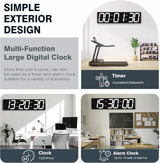 CHKOSDA Digital Wall Clock with Large Display, 28.4‘’LED 6-Digit Large Clock with Adjustable Brightness, Multifunction Digital Timer with Countdown and Stopwatch (White)