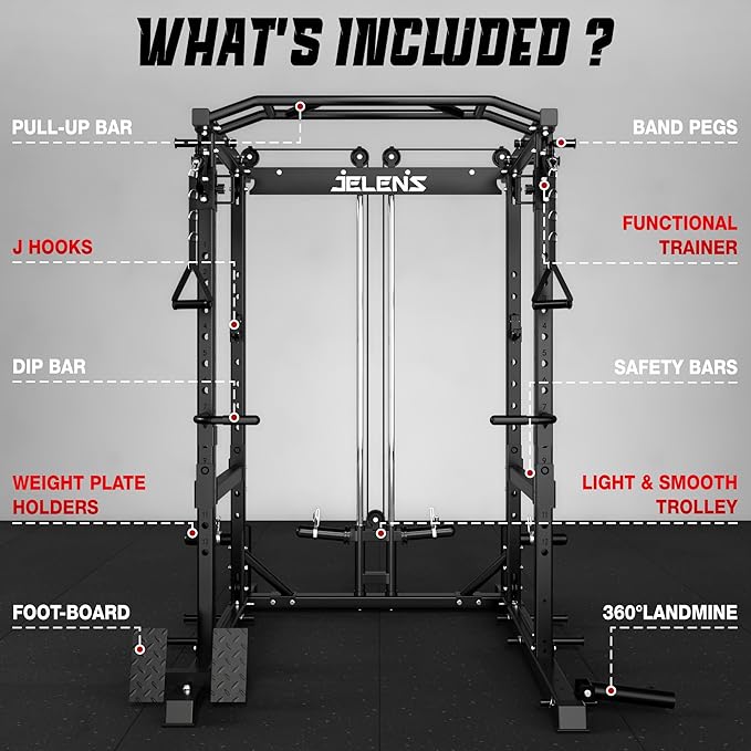 JELENS C12 Squat Rack for Home Gym, 2000LBS Power Rack with Adjustable Pulley System, Power Cage Workout Equipment with LAT Pulldown and Training Attachment