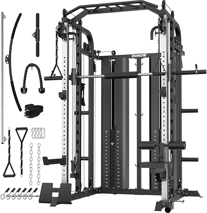 DONOW Smith Machine with Weight Stacks, Multi Function Home Gym System Training Power Cage Squat Rack Dual Cable Crossover Machine All in One