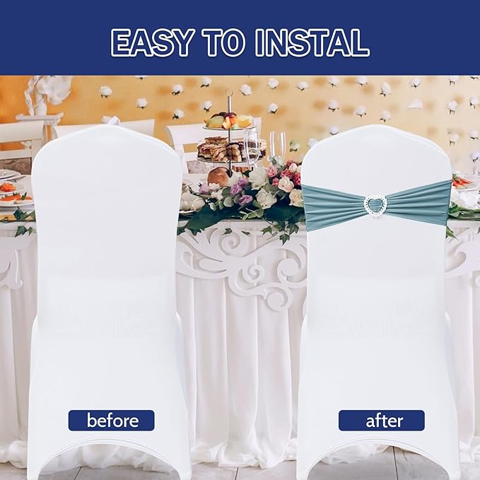 Howhic Pack of 120 Spandex Chair Sashes Bows Stretch Chair Cover Band with Buckle Slider Universal Elastic Chair Ties for Wedding Banquet Party Event Decoration (Dusty Blue)