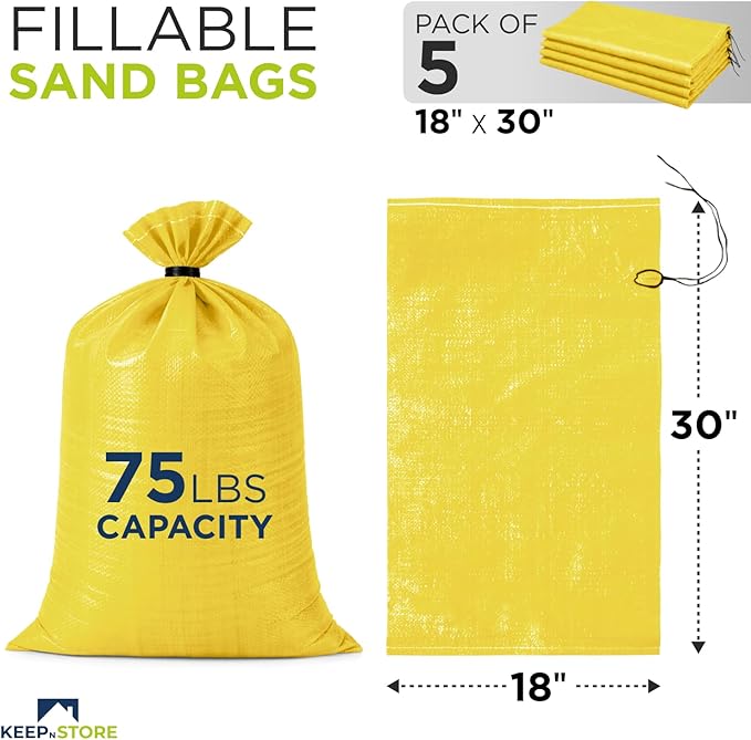 Heavy Duty Sand Bags Pack of 5, Bright Yellow Empty Sandbags with Built-In Ties, Woven Polypropylene UV Protection 1600 Hours, Fillable Bags for Flood Control, Weight, 18x30 inches, 75 Pounds Volume