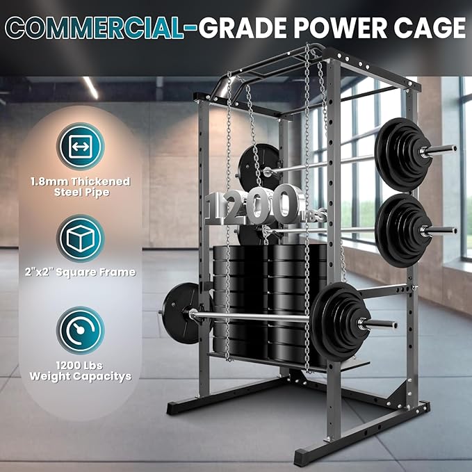 POWKOL Squat Rack Power Cage, 1200lb Capacity, 14-Hole Adjustable Height, Multi Functional Squat Rack for Home Gym With Safety Arms and J-Hooks, for Garage Gym Home Fitness Training