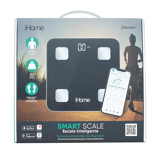 iHome Digital Bluetooth Smart Scale for Body Weight, Weight Scale, Including BMI, Body Fat, Muscle Mass, Batteries Included (Black Smart Bluetooth)