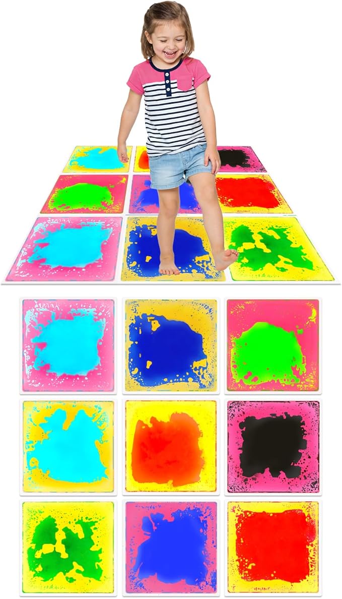 Sensory Floor Tiles for Kids: Liquid Fusion Activity Mat 9 Pack with One-Piece Glue-Free Sealing - Educational Fun Water Play Mats - Autistic Toddler Calming Toys for Indoor Early Learning（12x12inch）