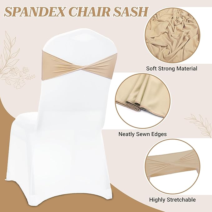 MDS Pack of 10 Spandex Chair Sashes Bows Elastic Stretch Dining Chair Bands Ties Without Slider Buckle Universal fits for Wedding Baby Shower Birthday Party Banquet Event Decoration - Champagne Gold