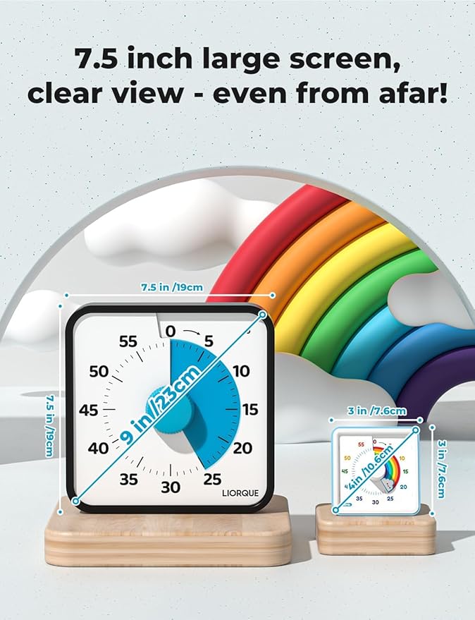 LIORQUE 60 Minute Visual Timer for Kids and Adults, Non-Ticking 7.5 Inch Large Visual Countdown Timers for Classroom Desk Countdown Clock with Magnetic Backing, Kids Pomodoro Timer Clock