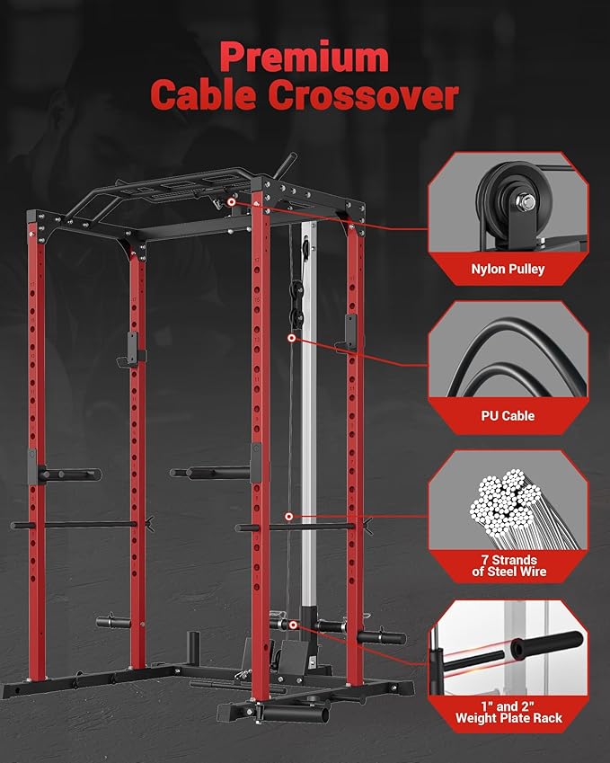 GarveeLife Power Cage, Power Racks for Home Gym with Pulley System, 1200 LBS Weight Capacity Multi-Functional Squat Rack for Strength Workout with More Training Attachment (Red D1002)