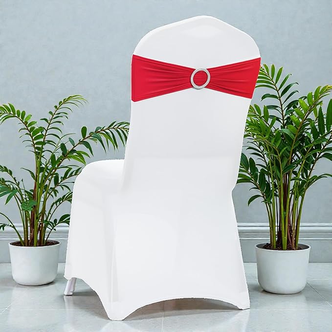 VDS - Red | Spandex Chair Sashes Bows | 150 PCS | Stretch Elastic Banquet Universal Folding Chair Band Tie with Silver Buckle Slider for Wedding Party Conference Celebration Event Decoration