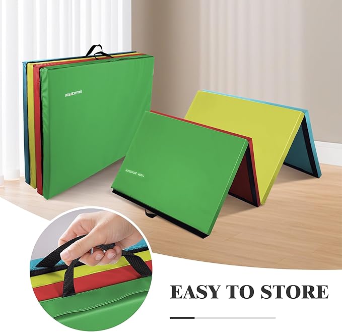Fitvids Folding Exercise Gymnastics Mat 4'x8'x2" Gym Workout Mat with Carrying Handles High-Density Portable Fitness Aerobics Mats for Home Gym Yoga Pilates Tumbling MMA Core Training, Multiple Colors