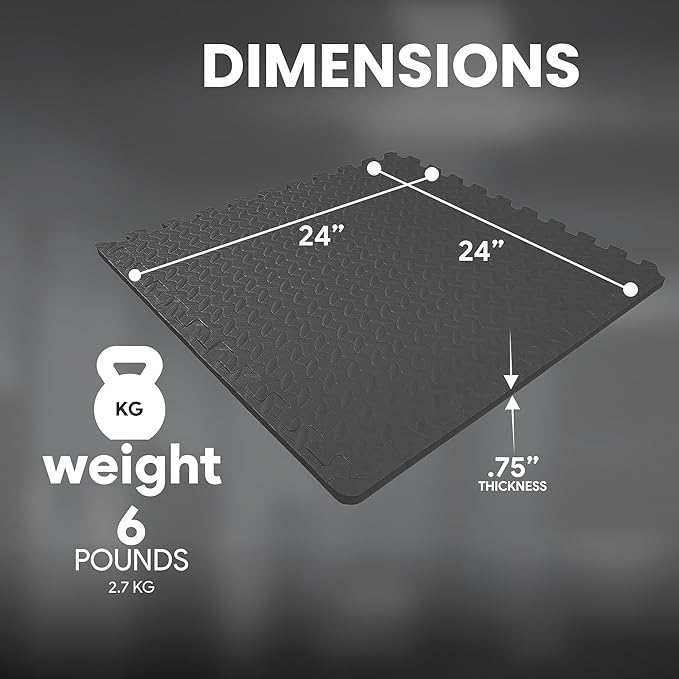 BalanceFrom Puzzle Exercise Mat 3/4' Thick, EVA Interlocking Foam Floor Tiles for Home Gym, Mat for Home Workout Equipment, Floor Padding for Kids, Black, 24 in x 24 in x 3/4 in, 24 Sq Ft - 6 Tiles