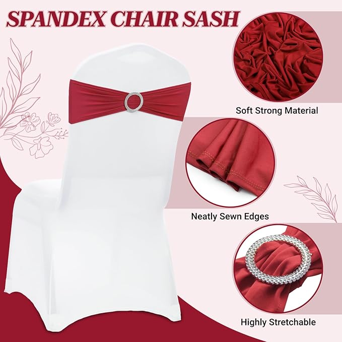 MDS Pack of 10 Spandex Chair Sashes Bow Premium Stretch Chair Cover Band with Buckle Slider Universal fits Elastic Dining Chair Ties for Wedding Party Banquet Events Decoration - Apple Red