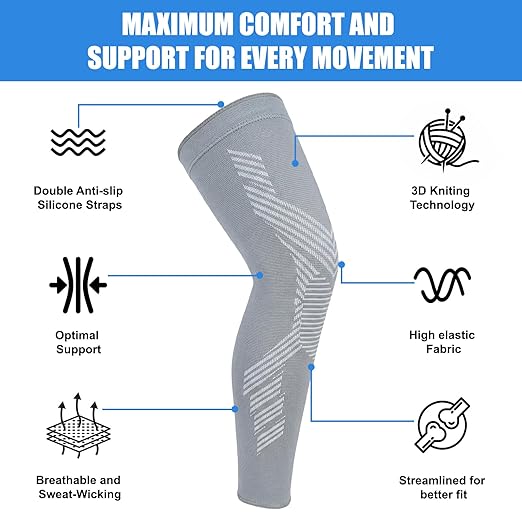 NuCamper Full Leg Compression Sleeves for Men and Women,2 Pack Legs Sleeves Long Knee Brace Support for Running, Basketball, Cycling, Workout, Sports - Gray,S