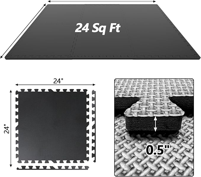 1/2 inch Thickened Interlocking Foam Floor Mats (24 Sq Ft), 6 Tiles 24X24in High Density EVA Foam Gym Flooring for Home Gym, Weightlifting, Kids Play Area, Non-slip, Free Splicing.