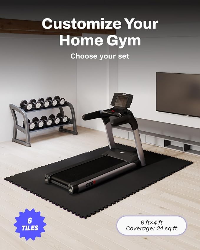 AIRHOP 0.79in Thick 24 Sq Ft Exercise Equipment Mats, 6 Tiles Upgraded Rubber Top with High Density EVA Foam, Large Interlocking Puzzle Gym Flooring for Home Gym, Heavy Weight Workout,Black