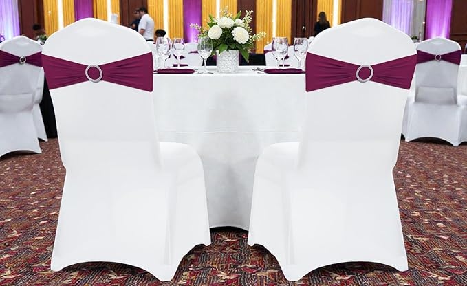 MDS Pack of 50 Spandex Chair Sashes Bow Premium Stretch Chair Cover Band with Buckle Slider Universal fits Elastic Dining Chair Ties for Wedding Party Banquet Events Decoration - Eggplant