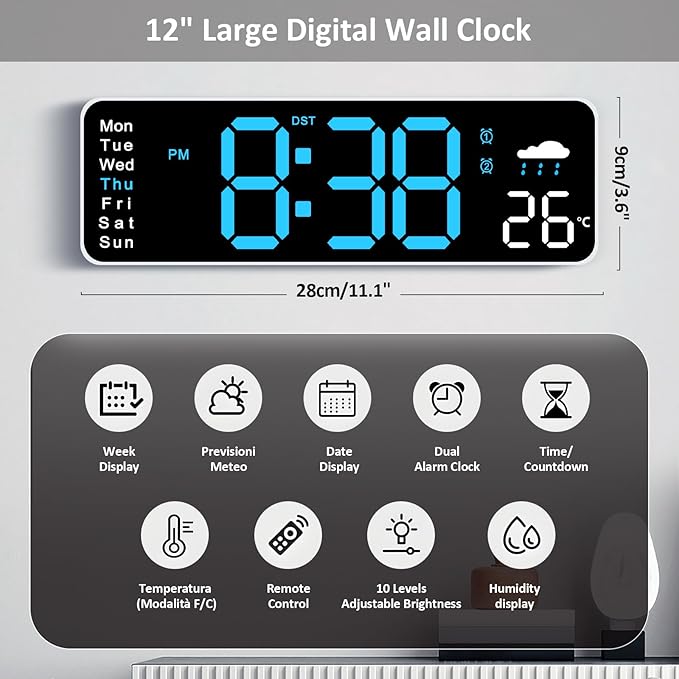 Digital Wall Clock, Digital Clock Large Display, Corded Alarm Clocks with Weatherforecast, Day of the Week, Temp, Humidity, Auto DST, Countdown, for Living Room Bedroom Classroom Office, Blue