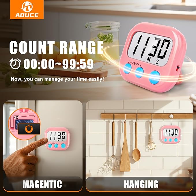 6 Pack Kitchen Timers Loud Ring Digital Timers for Cooking Magnetic Pink