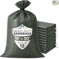 Heavy Duty Sand Bags Pack of 12, Army Green Empty Sandbags with Built-In Ties, Woven Polypropylene UV Protection 1600 Hours, Fillable Bags for Flood Control, Weight, 18x30 inches, 75 Pounds Volume