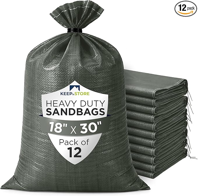 Heavy Duty Sand Bags Pack of 12, Army Green Empty Sandbags with Built-In Ties, Woven Polypropylene UV Protection 1600 Hours, Fillable Bags for Flood Control, Weight, 18x30 inches, 75 Pounds Volume