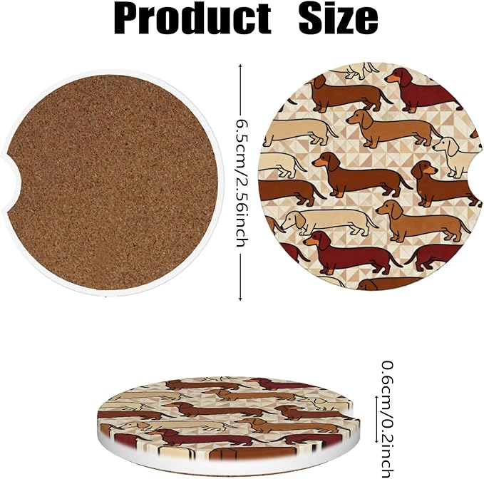Car Cup Holder Coasters, 2 Pcs Ceramic Coasters with Finger Slot and Cork Back, Anti-Slip Shock Absorbing Women and Men Universal Car Accessories - Retro Wiener Dog