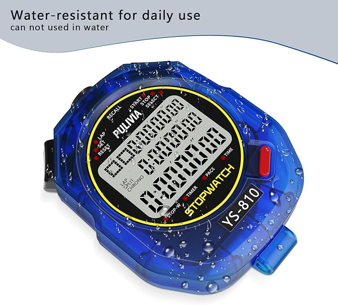 Stopwatch Timer 10 Splits/Laps Digital Stop Watch for Sports, Countdown Alarm Clock Date Memory Recall Large Display, Stopwatch for Coaches PE-Teacher Referee (Blue, 10 Splits/laps)