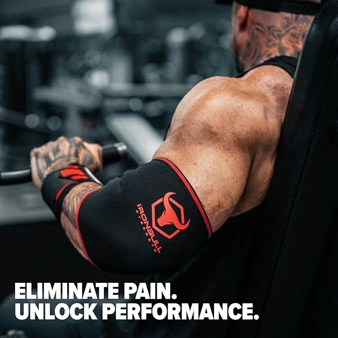 Elbow Sleeves 5mm (1 Pair) - High Performance Elbow Sleeve Support for Weightlifting, Weight Training & Powerlifting - Best Compression Straps - for Men and Women (Large, Black/Red)