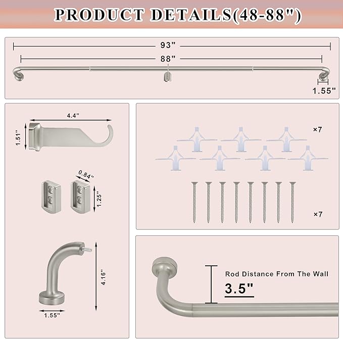Brushed Nickel Curtain Rods for Windows 48-88",1 Inch Disc Wrap Around Curtain Rod with Aluminum Finials and Brackets,No Screw Disassembly Adjustable Blackout Curved Room Darkening Curtain Rod