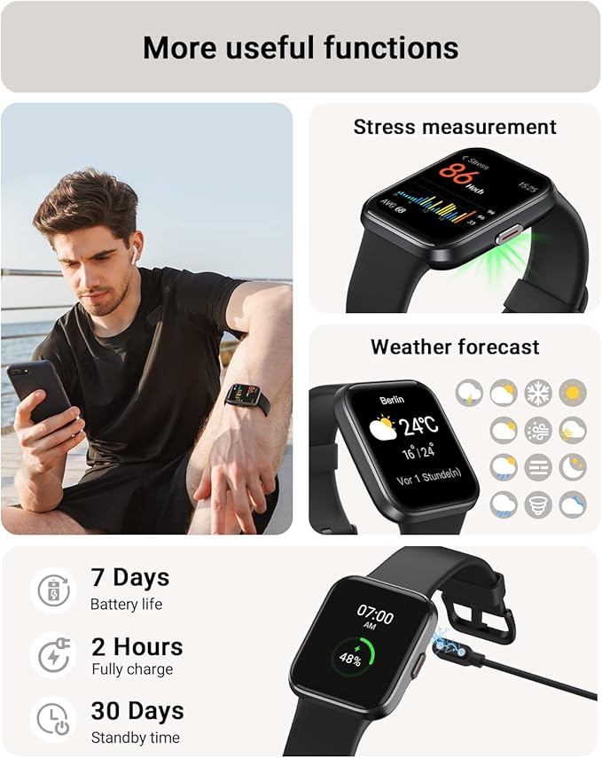 Tensky Smart Watch for Men/Women Android & iPhone, Alexa Built-in, 1.8" Touch Screen Fitness Tracker with Answer/Make Calls, 3ATM Waterproof Heart Rate/Sleep/SpO2 Monitor, Pedometer, 100+ Sport Modes