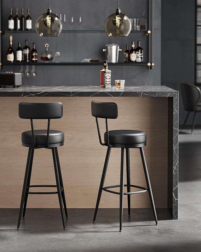 VASAGLE EKHO Collection - Bar Stools Set of 2, Swivel Bar Height Bar Stools with Back, Synthetic Leather with Stitching, Mid-Century Modern, 30-Inch Tall Barstools for Kitchen Home Bar, Ink Black