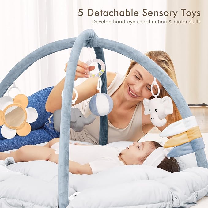 ANGELBLISS 5 in 1 Baby Play Gym Mat, Reversible Tummy Time Mat with 5 Sensory Toys for Stage-Based Developmental, Thick & Large Baby Activity Center from Newborn to Toddler (Dark Blue)