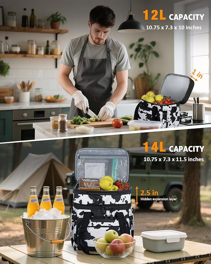 Large Lunch Box for Men/Women Dual-Compartment Insulated Lunch Bag,Expandable Leakproof Cooler Bag Lunch Tote with Adjustable Shoulder Strap for Work Camping Picnic,Cow Print 24-Can(14L)