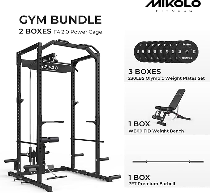 Mikolo F4 2.0 Power Cage with Dual-Track Smooth Pulley System, 1200LBS Power Rack with Leg Hold-Down for Heavy LAT Pulldowns, All-in-One Squat Rack with More Training Attachments for Home Gym