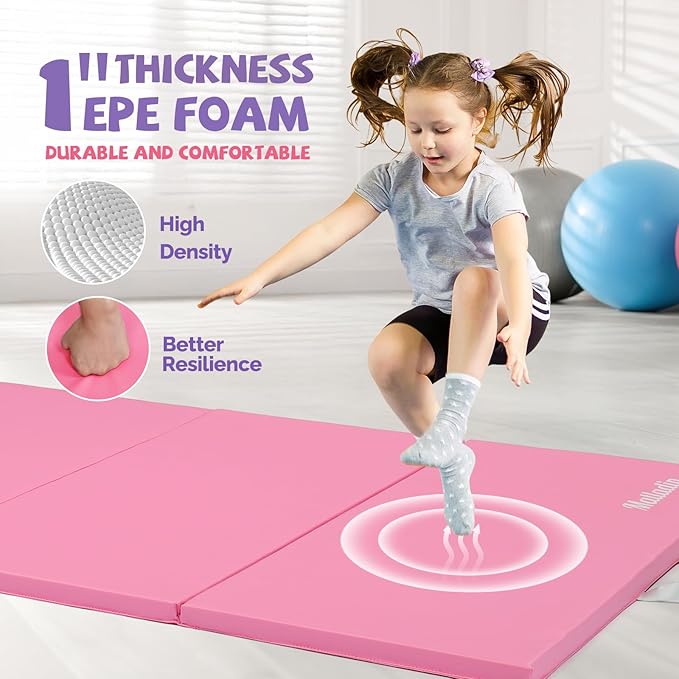Matladin 8 FT/6FT Folding Gymnastics Gym Exercise Aerobics Mat, PU Leather Tumbling Mats for Stretching Yoga Cheerleading Martial Arts, Play