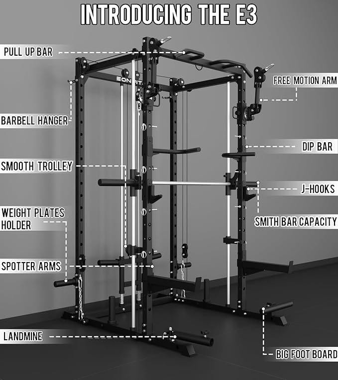 Eonfit E3 Smith Machine for Home Gym Equipment, Multi-Function Power Cage Squat Rack with Cable Crossover LAT Pulldown Pulley System All in One
