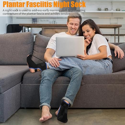 Plantar Fasciitis Night Splint Sock with Hand-Held Massage Tool Upgraded Soft Comfortable Plantar Fasciitis Brace for Women Men for Achilles Tendonitis Foot Drop Heel Spur Pain Relief Black-Blue (Small)