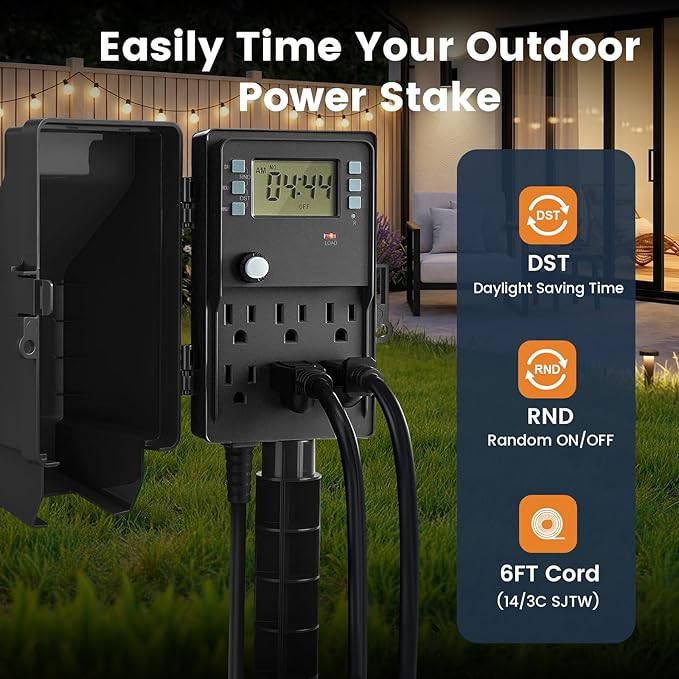 SURAIELEC Outdoor Power Stake, 7-Day Programmable Digital Timer, Power Strip Weatherproof, 6 Multi Plug Electrical Outlet Waterproof, 6 ft Extension Cord for Outside Light, Halloween Decoration