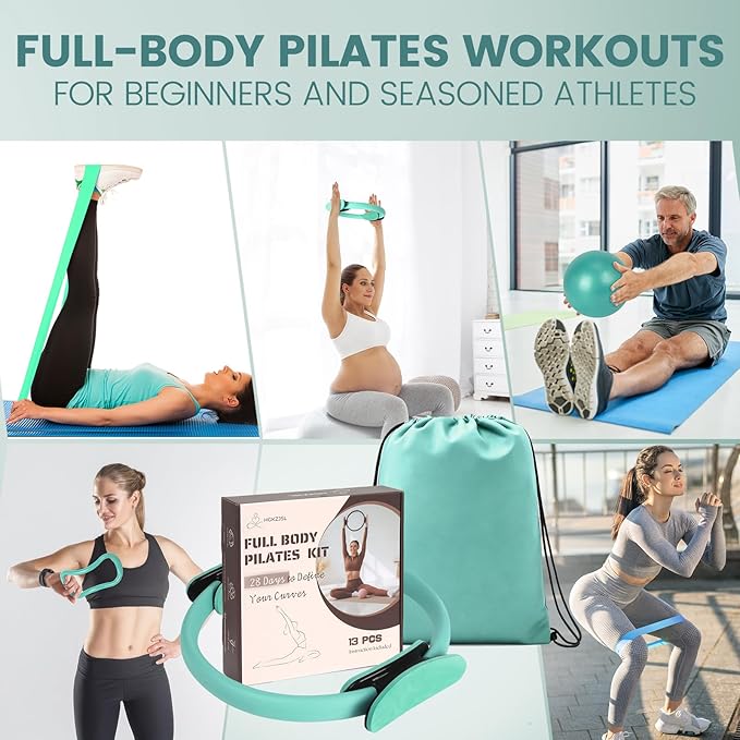 Pilates Kit for Women 13PCS, Pilates Ring and Ball Set with Magic Circle, Resistance Bands Set, Figure 8 Band, Yoga Ring & Grip Socks, Home Workout Equipment Essentials Starter Kit for Beginners